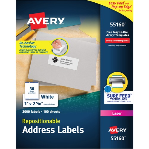 Avery® Repositionable Address Labels - 1" Width x 2 5/8" Length - Rectangle - Laser, Inkjet - White - Paper - 30 / Sheet - 100 Total Sheets - 3000 Total Label(s) - 5