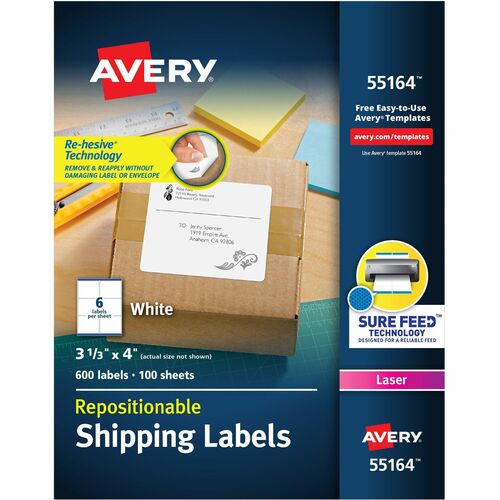 Avery® Repositionable Labels, Sure Feed, 3-1/3"x4" , 600 Labels (55164) - 3 21/64" Width x 4" Length - Rectangle - Laser - White - Paper - 6 / Sheet - 100 Total Sheets - 600 Total Label(s) - 5 - Repositionable, Adhesive, Customizable
