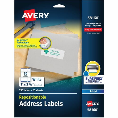 Avery Repositionable Address Labelss - Sure Feed Technology - 1" Width x 2 5/8" Length - Permanent Adhesive - Rectangle - Inkjet - Matte - White - Paper - 30 / Sheet - 25 Total Sheets - 750 Total Label(s) - Repositionable, Jam Resistant, Customizable, Dam