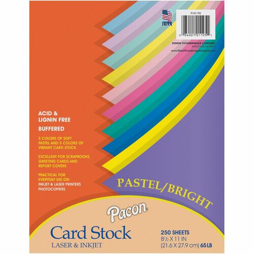 Pacon Cardstock Sheets - Assorted - Letter - 8 1/2" x 11" - 65 lb Basis Weight - 250 / Pack - Sustainable Forestry Initiative (SFI) - Assorted