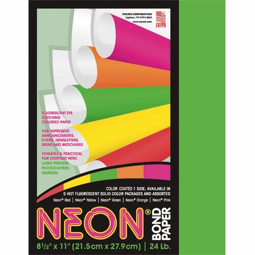 Pacon Neon Multipurpose Paper - Green - Letter - 8.50" x 11" - 24 lb Basis Weight - 100 Sheets/Pack - Bond Paper - Neon Green