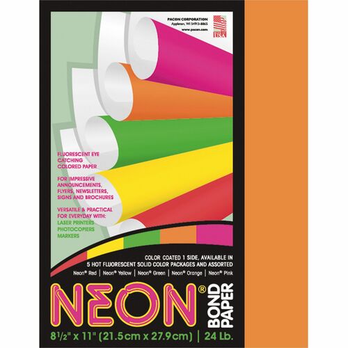 Pacon Neon Bond Paper - Orange - Letter - 8 1/2" x 11" - 24 lb Basis Weight - 100 / Pack - Sustainable Forestry Initiative (SFI) - Neon Orange