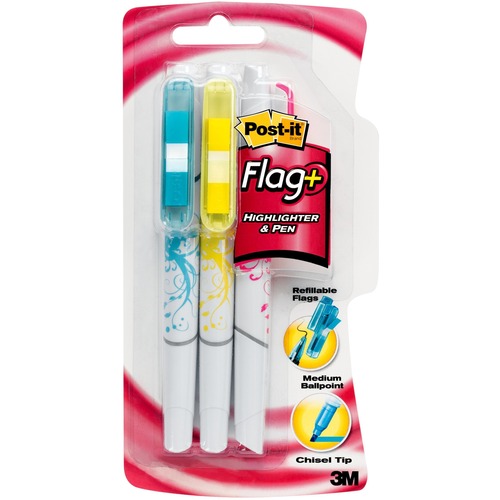 Post-it® Flag+ Highlighter - Medium Chisel Marker Point - Yellow, Pink, Blue Ink - Yellow, Pink, Blue Barrel - 3 / Pack