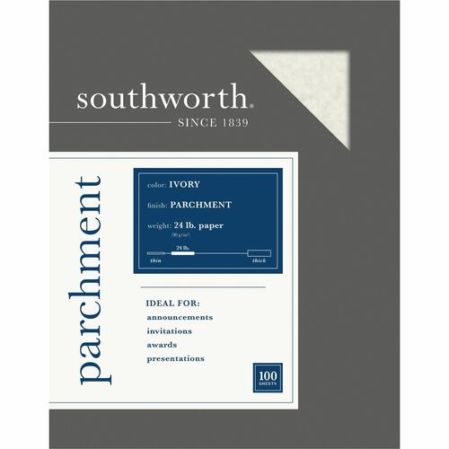 Southworth Parchment Specialty Paper - Letter - 8 1/2" x 11" - 24 lb Basis Weight - Parchment - 100 / Pack - Acid-free, Lignin-free - Ivory