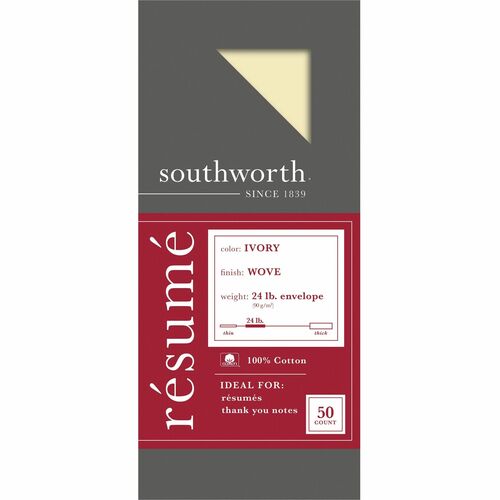 Southworth 100% Cotton Resume Envelopes - Document - #10 - 9.5" Width x 4.13" Length - 24lb - Wove Finish - Cotton Fiber - 50 / Box - Ivory