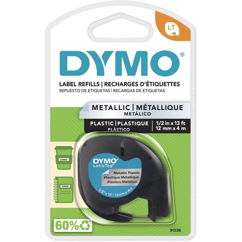 Dymo LetraTag Label Maker Tape Cartridge - 1/2" - Direct Thermal - Silver - 1 Each = DYM91338