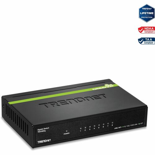 TRENDnet 8-Port Unmanaged Gigabit GREENnet Desktop Metal Switch, Fanless, 16Gbps Switching Capacity, Plug & Play, Network Ethernet Switch, Lifetime Protection, Black, TEG-S80G - 8-port Gigabit GREENnet Switch (Metal)