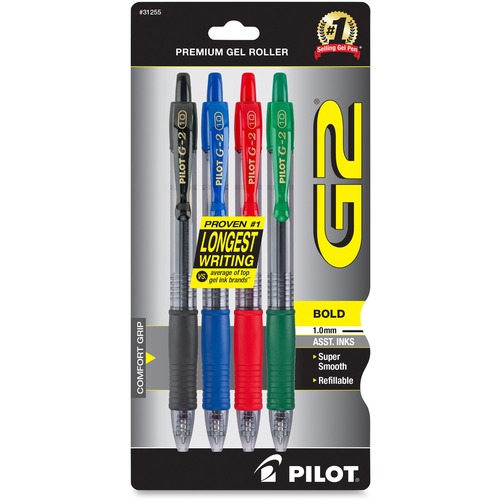 Pilot G2 Retractable Gel Ink Rollerball Pens - 1 mm Bold Pen Point - Refillable - Retractable - Assorted Ink - Gel-based - 4 / Pack