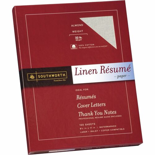 Southworth 100% Cotton Resume Paper - Letter - 8 1/2" x 11" - 32 lb Basis Weight - Linen - 100 / Box - Acid-free, Watermarked - Almond