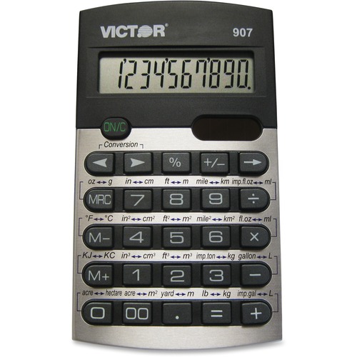 Victor 907 Metric Conversion Calculator - 20 Functions - 10 Digits - Battery/Solar Powered - 0.4" x 2.6" x 4.5" - Black, Silver - 1 Each - Handheld Calculators - VCT907
