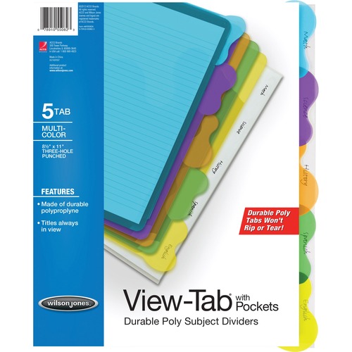 Wilson Jones® View-Tab® Transparent Dividers, Student Set w/Pocket, 5-Tab, Multicolor - 5 Tab(s) - 5 Tab(s)/Set - Transparent Polypropylene Divider - Multicolor Polypropylene, Transparent Tab(s) - Pocket - 5 / Set