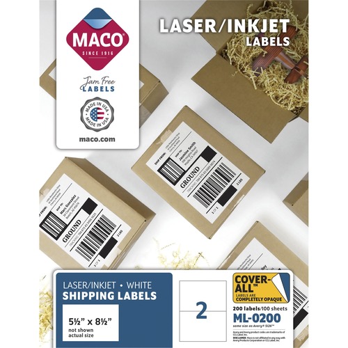 MACO White Laser/Ink Jet Internet Shipping Label - 5 1/2" Width x 8 1/2" Length - Permanent Adhesive - Rectangle - Inkjet, Laser - White - 2 / Sheet - 200 / Box - Lignin-free