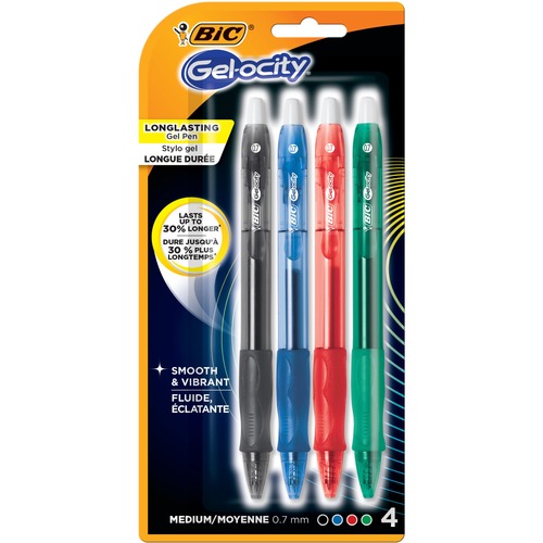 BIC Gel-ocity Gel Pen - 0.7 mm Medium Pen Point - Retractable - Assorted Ink - Gel-based - Translucent Barrel - 4 Pack