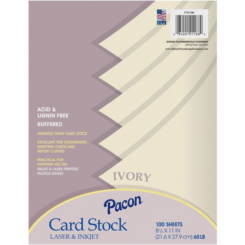 Pacon Card Stock Sheets - Letter - 8 1/2" x 11" - 65 lb Basis Weight - Sustainable Forestry Initiative (SFI) - Heavyweight, Acid-free, Lignin-free - Ivory - 100 / Pack