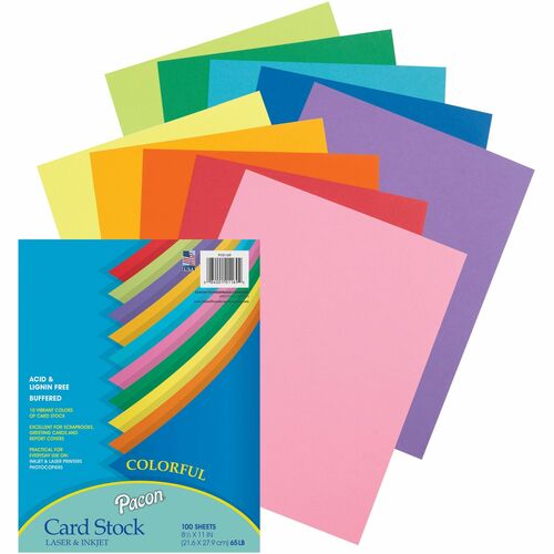 Pacon Colorful Card Stock Sheets - Letter - 8.50" x 11" - 65 lb Basis Weight - 100 Sheets/Pack - Card Stock - 10 Assorted Colors