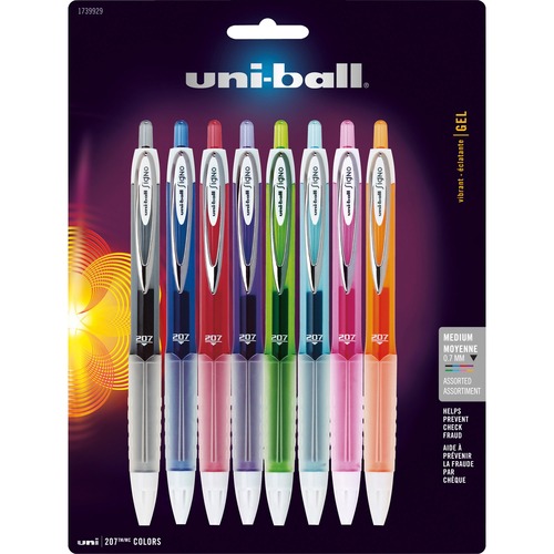 Uni-Ball Signo 207 Retractable Gel Pens - Medium Pen Point - 0.7 mm Pen Point Size - Refillable - Retractable - Black, Blue, Green, Light Blue, Orange, Pink, Purple, Red Gel-based Ink - 8 / Pack