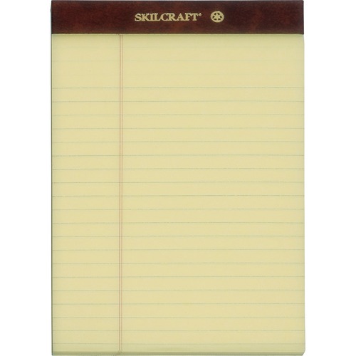 SKILCRAFT Writing Pad - 50 Sheets - 0.31" Ruled - Ruled Margin - 16 lb Basis Weight - Jr.Legal - 5" x 8" - Canary Paper - Perforated, Back Board, Leatherette Head Strip - Recycled - 1 Dozen