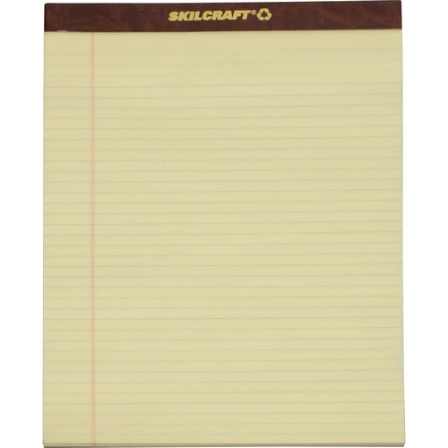SKILCRAFT Writing Pad - 50 Sheets - 0.31" Ruled - Ruled Margin - 16 lb Basis Weight - Letter - 8 1/2" x 11" - 11.75" x 8.5" - Canary Paper - Perforated, Back Board, Heavyweight, Leatherette Head Strip - Recycled - 1 Dozen