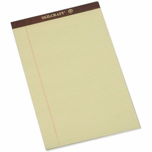 SKILCRAFT Perforated Writing Pad - 50 Sheets - 0.25" Ruled - Ruled Margin - 16 lb Basis Weight - Legal - 8 1/2" x 14" - Canary Paper - Perforated, Back Board, Heavyweight, Leatherette Head Strip - Recycled - 1 Dozen