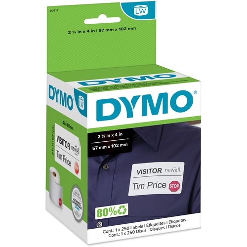 Dymo LabelWriter Time-expire Name Badge Labels - 2 1/4" Width x 4" Length - Rectangle - White - 250 / Roll - 250 / Roll