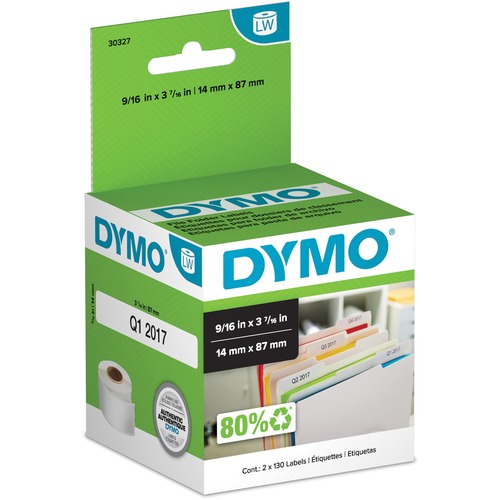 Dymo LabelWriter File Folder Labels - 9/16" x 3 7/16" Length - Direct Thermal - White - 130 / Roll - 260 / Box