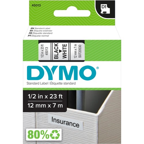 Dymo D1 Electronic Tape Cartridge - 1/2" Width - Thermal Transfer - White - Polyester - 1 Each - Label Tapes - DYM45013