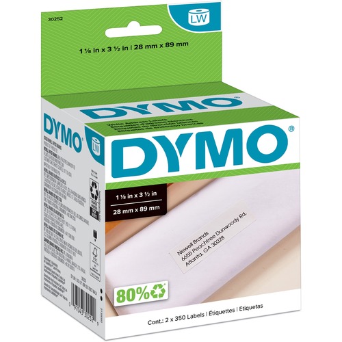 Dymo LabelWriter Address Labels - 1 1/8" x 3 1/2" Length - White - Paper - 350 / Roll