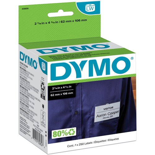 Dymo Non-Adhesive LabelWriter Name Badge Labels - 2 7/16" x 4 3/16" Length - Rectangle - White - 250 / Roll - 250 / Roll