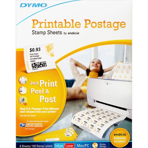 Dymo Printable Postage Stamp Sheets - Laser, Inkjet - White - 24 / Sheet - 192 / Pack