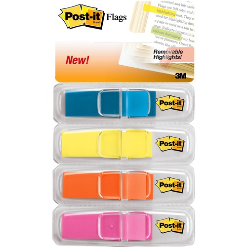 Post-it® Flags - 1/2" x 1 3/4" - Rectangle - Unruled - Blue, Pink, Yellow, Orange - Removable, Self-adhesive, Residue-free, Repositionable - 4 / Pack