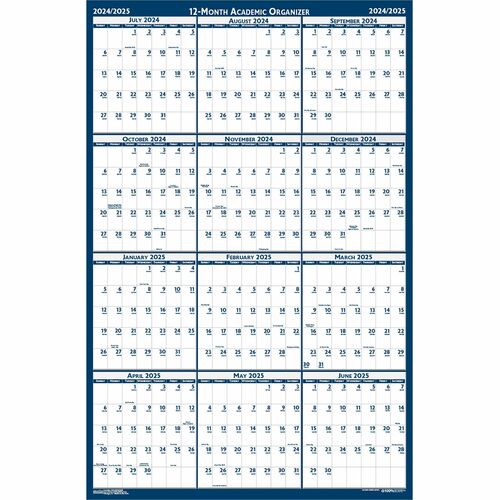 House of Doolittle Academic July-June Wall Calendar - Julian Dates - Yearly - 1 Year - July 2023 - June 2024 - 24" x 37" Sheet Size - 1.13" x 1.63" , 1.25" x 1.38" Block - Blue, Gray - Paper - Laminated, Erasable, Write on/Wipe off, Reminder Section - 1 E