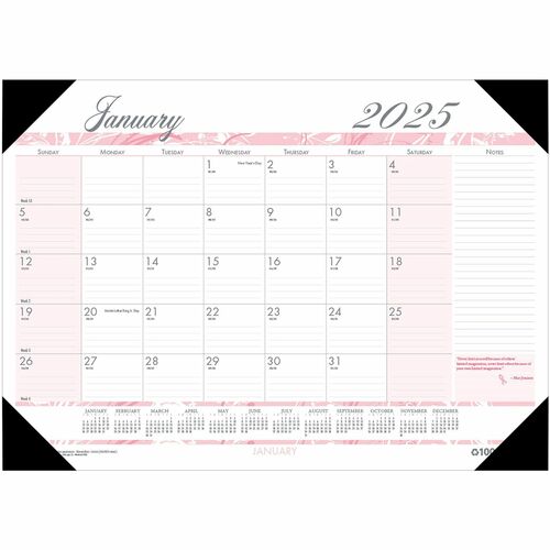 House of Doolittle Breast Cancer Awareness Compact Desk Pad - Julian Dates - Monthly - 12 Month - January 2024 - December 2024 - 1 Month Single Page Layout - 18 1/2" x 13" Sheet Size - 2.12" x 1.75" Block - Desk Pad - Pink - Paper, Vinyl - Notepad, Refere