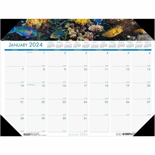 House of Doolittle EarthScapes Sea Life Desk Pads - Julian Dates - Monthly - 12 Month - January 2024 - December 2024 - 1 Month Single Page Layout - 22" x 17" Sheet Size - 2.25" x 3.06" Block - Desk Pad - White - Leatherette, Paper - Holder, Notepad, Refer