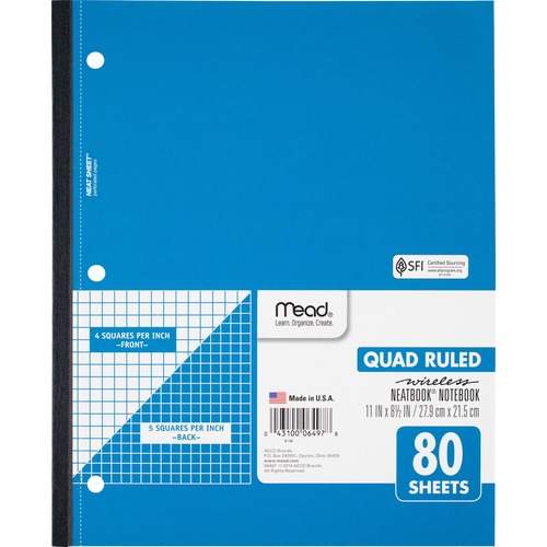 Mead Quad Wireless Neatbook Notebook - Letter - 80 Sheets - Both Side Ruling Surface - Letter - 8 1/2" x 11" Sheet Size - White Paper - Micro Perforated - 1 Each