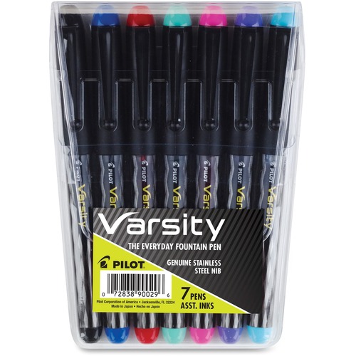 Pilot Varsity Disposable Fountain Pens - Medium Pen Point - Assorted Ink - Silver, Black Barrel - 7 / Pack