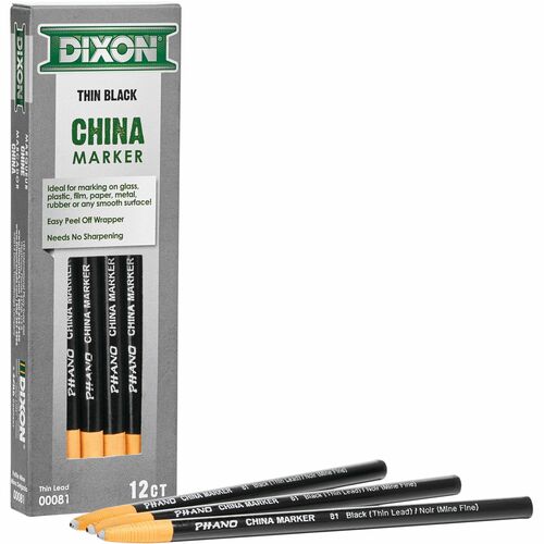 Dixon Phano Nontoxic China Markers - Black Lead - Black Barrel - 1 Dozen