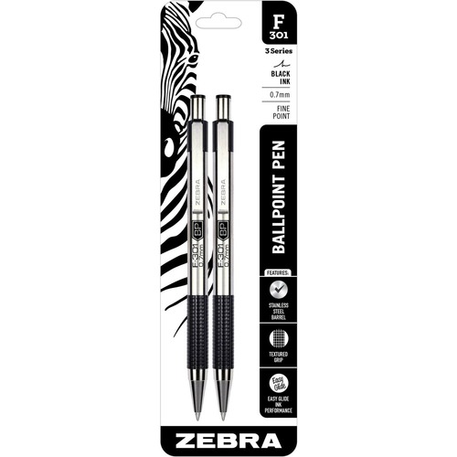 Zebra Pen BCA F-301 Stainless Steel Ballpoint Pens - Fine Pen Point - 0.7 mm Pen Point Size - Refillable - Retractable - Black - Stainless Steel Barrel - 2 / Pack