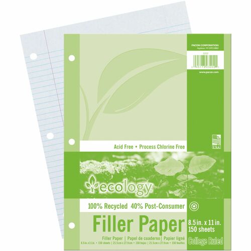 Decorol Recycled Filler Paper - Letter - 150 Sheets - Printed - College Ruled - 0.28125" Front Line(s) Space - Red Margin - 3 Hole(s) - Letter 8.5" x 11" - White Paper - 150 / Pack - 100% Recycled