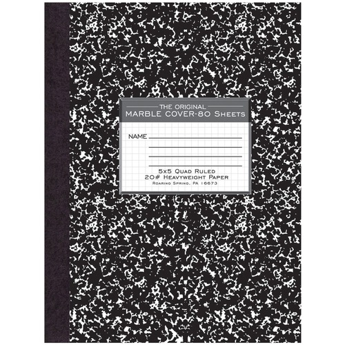 Roaring Spring Black Marble Composition Book - 80 Sheets - 160 Pages - Printed - Sewn/Tapebound - Both Side Ruling Surface - 20 lb Basis Weight - 10 1/4" x 7 7/8" - 0.50" x 7.9" x 10.3" - White Paper - Black Binding - Black Marble Marble Clay, White Cover