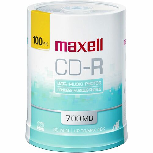 Maxell CD Recordable Media - CD-R - 48x - 700 MB - 100 Pack Spindle - 120mm - Single-layer Layers - Printable - Inkjet, Thermal Printable - 1.33 Hour Maximum Recording Time