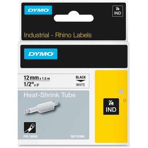 Dymo White Heat Shrink Tube - 15/32" x 59 1/16" Length - Rectangle - Thermal Transfer - Black on White, Black - Vinyl - 1 Each - Easy Peel, Removable = DYM18055