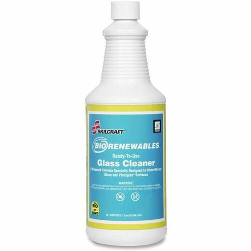 SKILCRAFT BioRenewable Glass Cleaner - For Mirror, Glass, Plexiglas - 32 fl oz (1 quart) - Waterfall Scent - Pleasant Scent, Non-flammable, Phosphate-free - Light Blue - 12 / Box