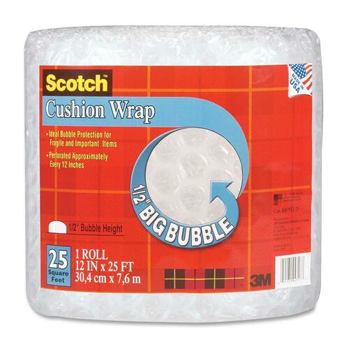 Scotch™ Big Bubble Cushion Wrap, 12" x 25' - 12" Width x 25 ft Length - 0.5" Bubble Size - Perforated - Clear - 1 / Roll