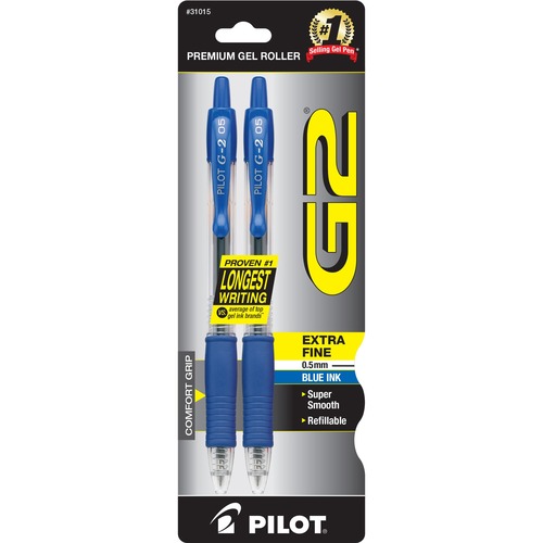 Pilot G2 Retractable Gel Ink Rollerball Pens - Fine Pen Point - 0.5 mm Pen Point Size - Refillable - Retractable - Blue Gel-based Ink - 2 / Pack