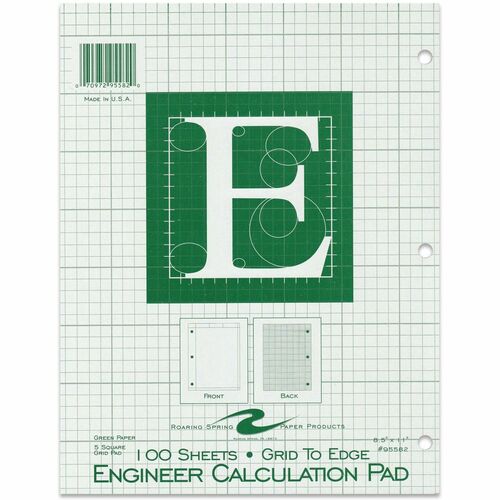 Roaring Spring 5x5 Grid Engineering Pad - 100 Sheets - 200 Pages - Printed - Glued - Back Ruling Surface - 3 Hole(s) - 15 lb Basis Weight - 56 g/m² Grammage - 11" x 8 1/2" - 0.33" x 8.5" x 11" - Green Paper - Chipboard Cover - 1 Each