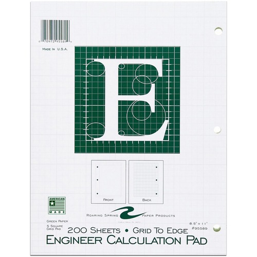 Roaring Spring 5x5 Grid Engineering Pad - 200 Sheets - 400 Pages - Printed - Glued - Back Ruling Surface - 3 Hole(s) - 15 lb Basis Weight - 56 g/m² Grammage - 11" x 8 1/2" - 0.66" x 8.5" x 11" - Green Paper - Chipboard Cover - 1 Each