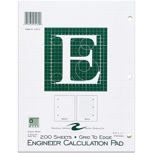 Roaring Spring 5x5 Grid Engineering Pad - 200 Sheets - 400 Pages - Printed - Glued - Back Ruling Surface - 3 Hole(s) - 15 lb Basis Weight - 56 g/m² Grammage - 11" x 8 1/2" Sheet Size - 0.66" Height x 8.5" Width x 11" Length - Green Paper - Chipboard 