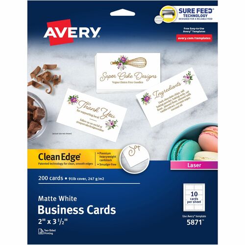 Avery Clean Edge Business Cards - 145 Brightness - A4 - 8 1/2" x 11" - 91 lb Basis Weight - 247 g/m² Grammage - Matte - 200 / Pack - 20 Sheets - Heavyweight, Rounded Corner, Uncoated, Smooth Edge, Smudge-free, Jam-free, Avery Clean Edge Technology, D