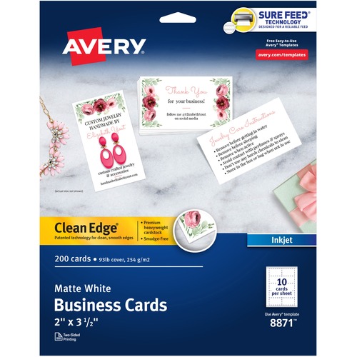 Avery® Clean Edge Business Cards, 2" x 3.5" , White, 200 (08871) - 110 Brightness - A8 - 2" x 3 1/2" - 93 lb Basis Weight - 254 g/m² Grammage - Matte - 200 / Pack - FSC Mix - Perforated, Heavyweight, Rounded Corner, Long Lasting, Smooth Edge, Jam