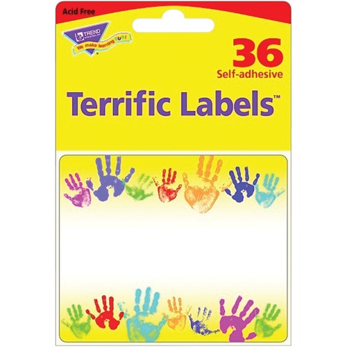 Trend Rainbow Handprints Terrific Labels - Self-adhesive Adhesive - Rectangle - 36 / Pack